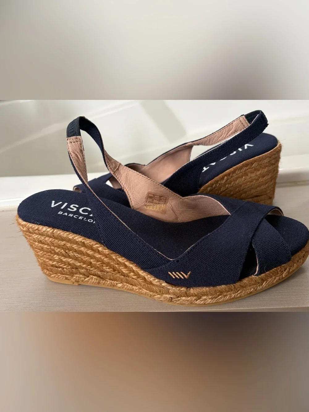 Viscata Navy Canvas Espadrille Wedge with Tan Jute Sole